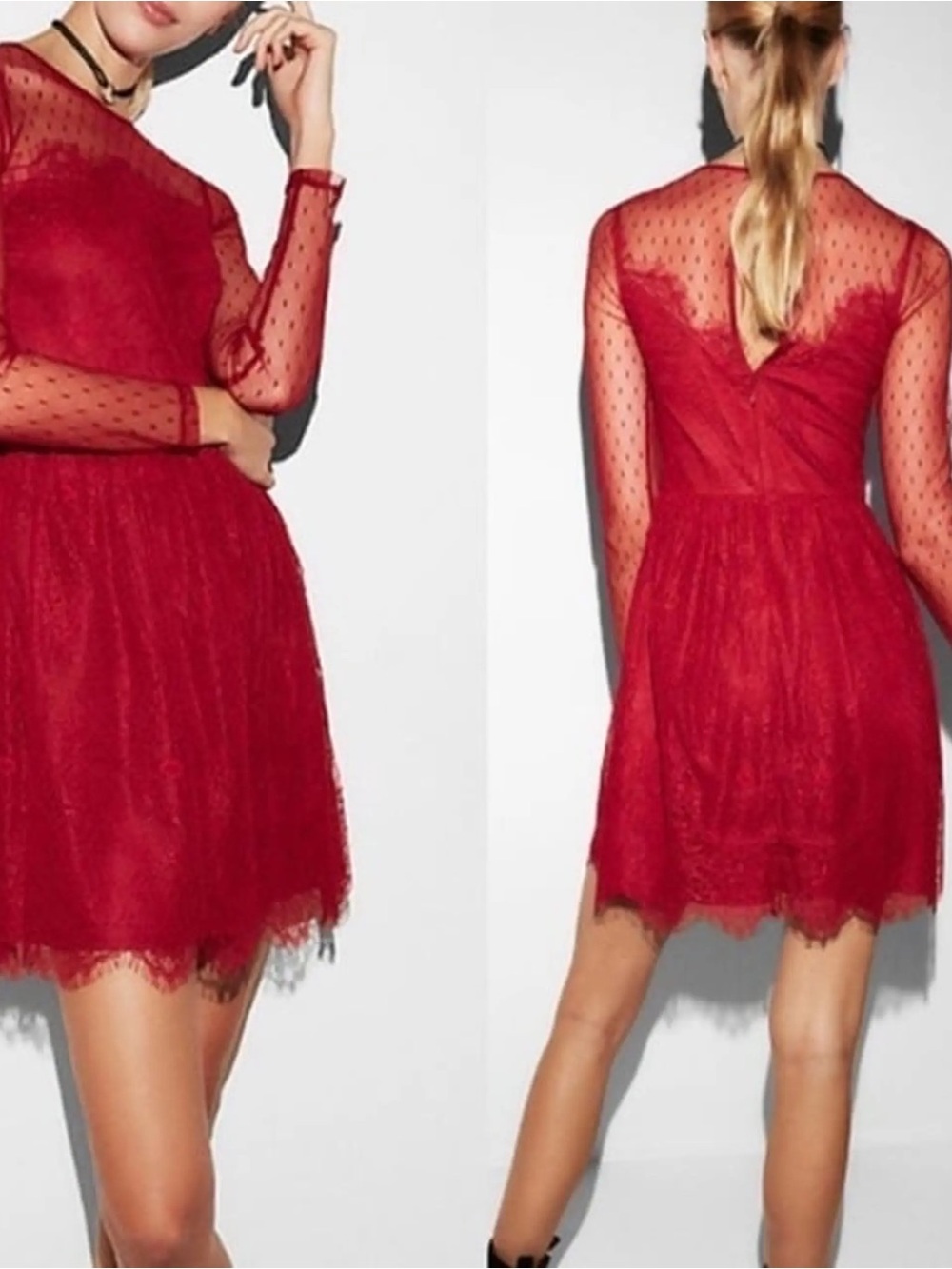 Express 4 Red Lace & Sheer Dot Mesh Mini Dress Long Sleeve Back Zip